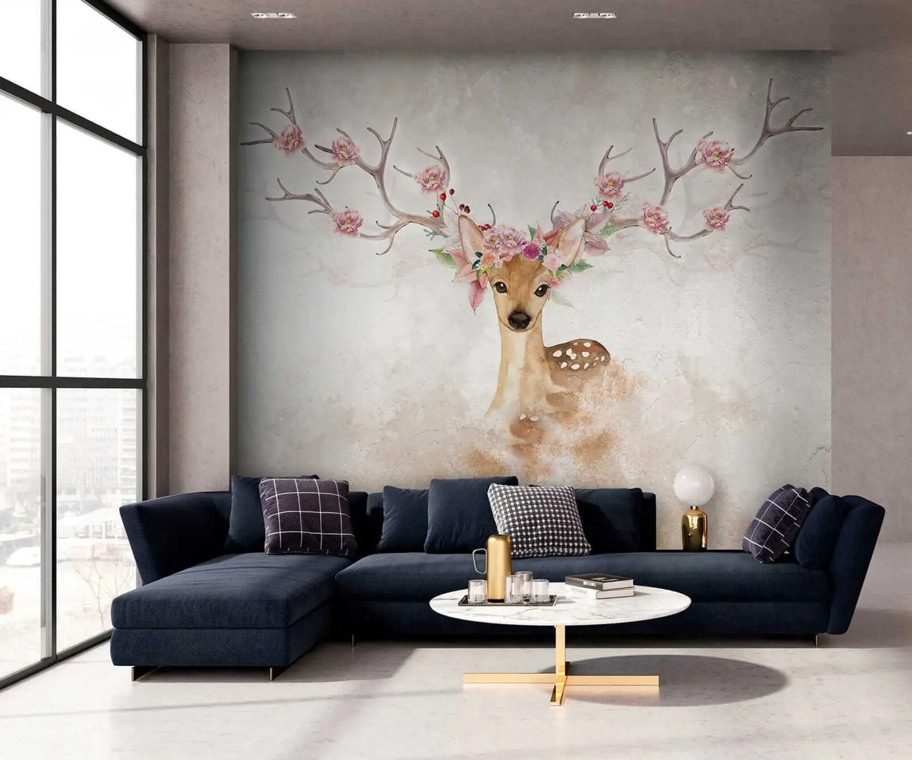 murales de pared Ciervo con flores en las astas u04671