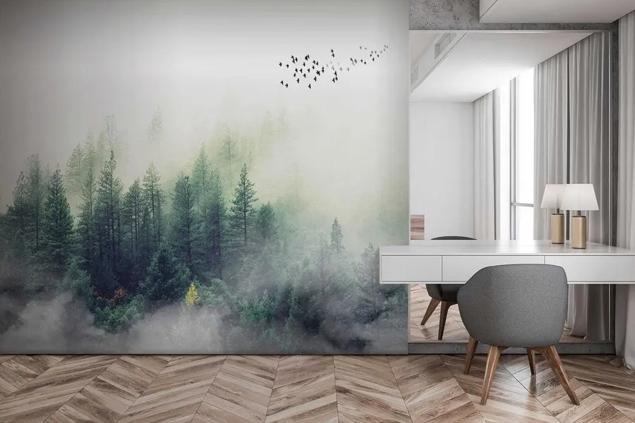 murales de pared Bosque y pájaros en la niebla u10882