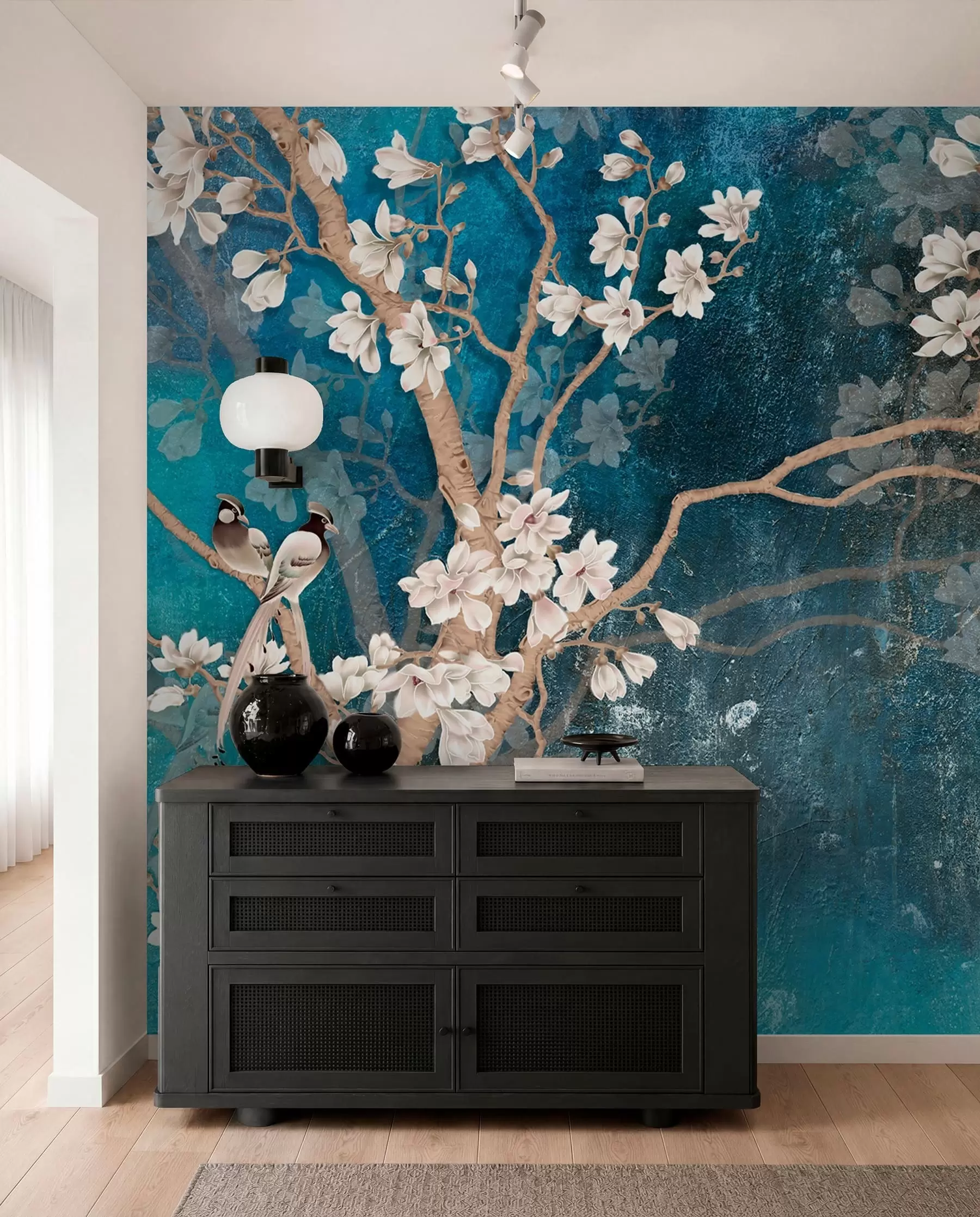 murales de pared Aves y flores sobre azul u12150