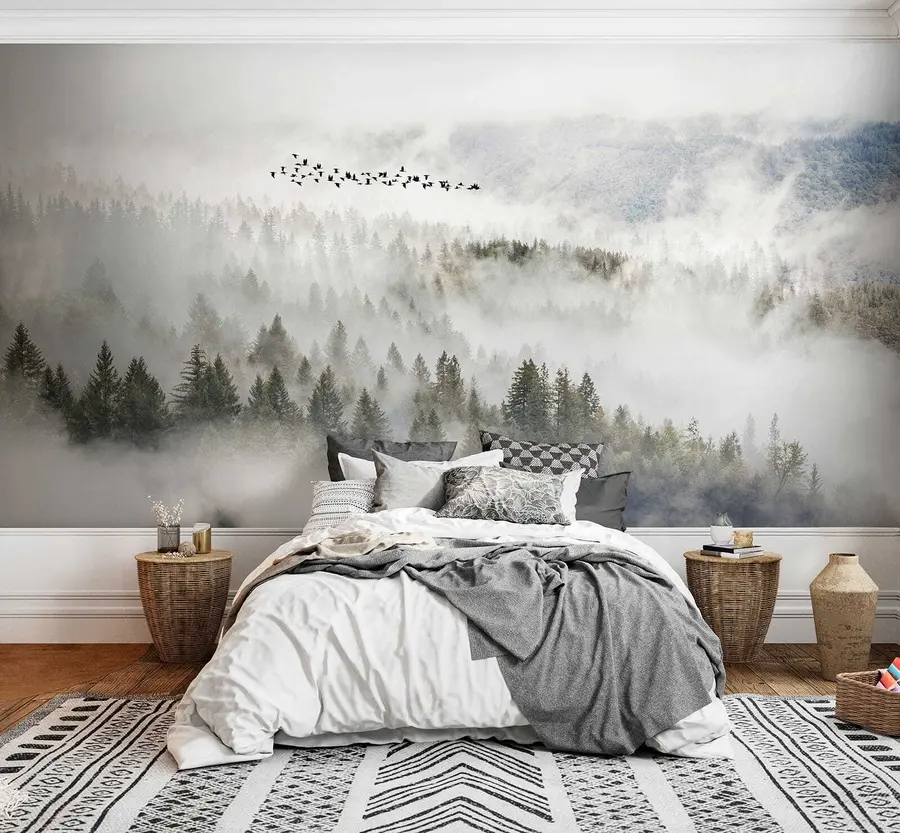 murales de pared Bosque de niebla y pájaros u13823