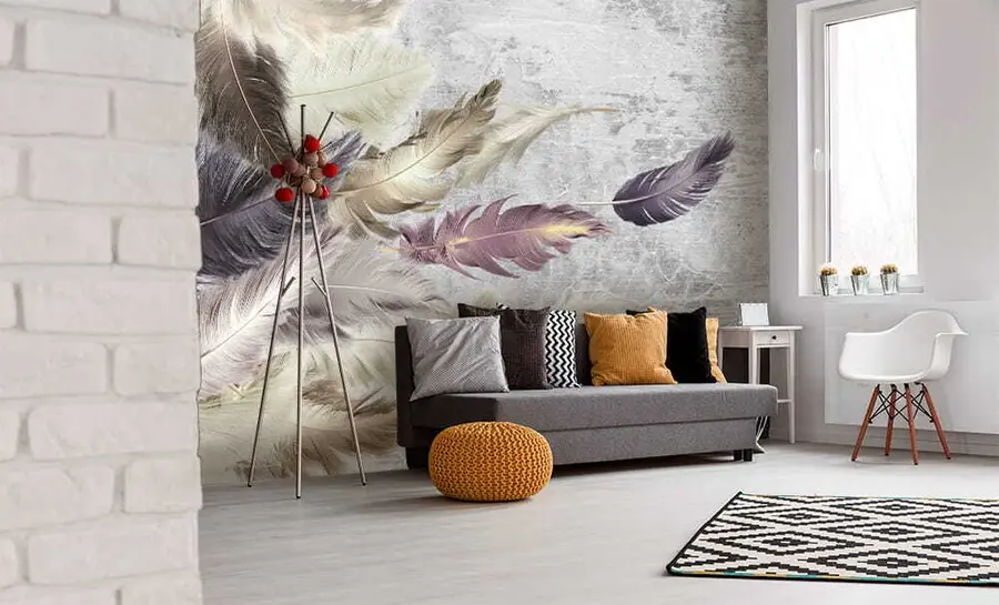 murales de pared Plumas de colores en un muro de hormigón u21165