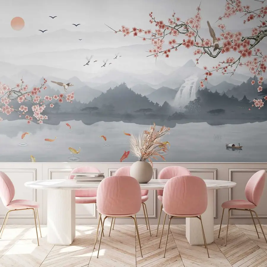 murales de pared Sakura en el fondo del lago y las montañas u28840