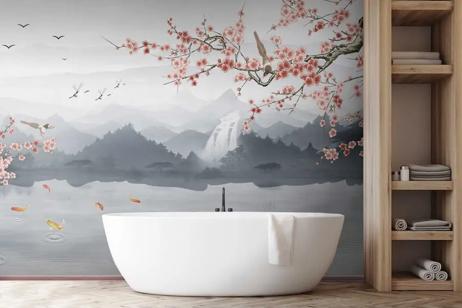 murales de pared Sakura en el fondo del lago y las montañas u28840