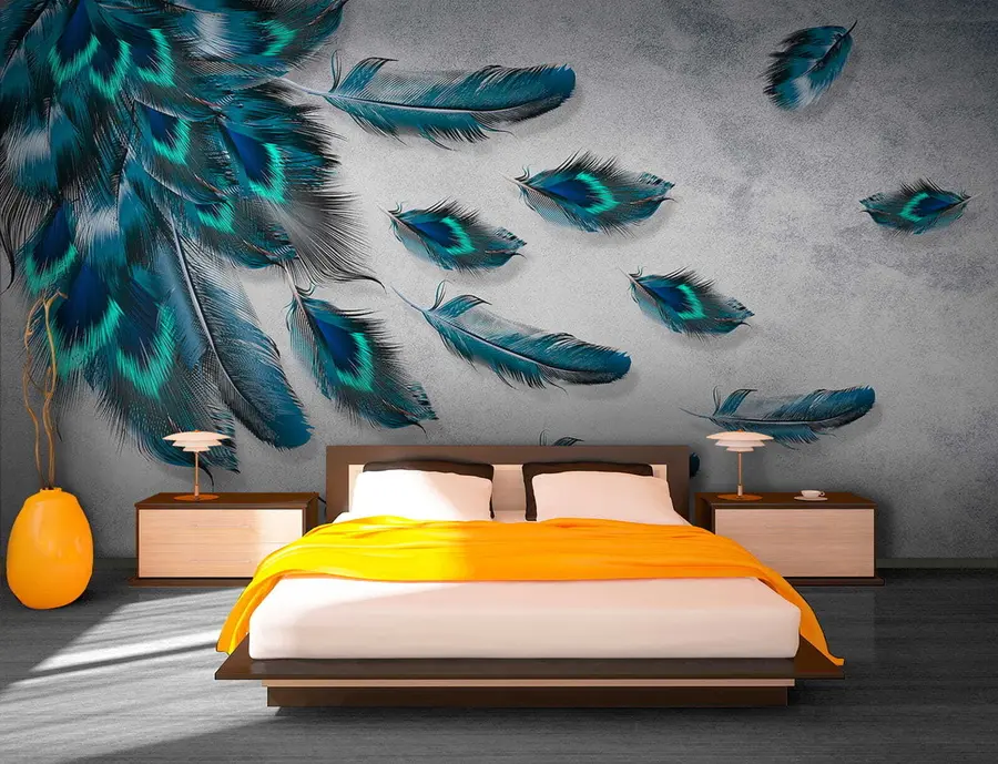 murales de pared Plumas de pavo real en el fondo de la pared de hormigón u29836