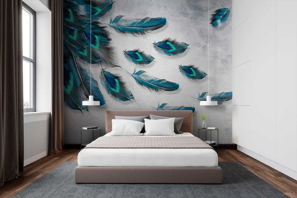 murales de pared Plumas de pavo real en el fondo de la pared de hormigón u29836