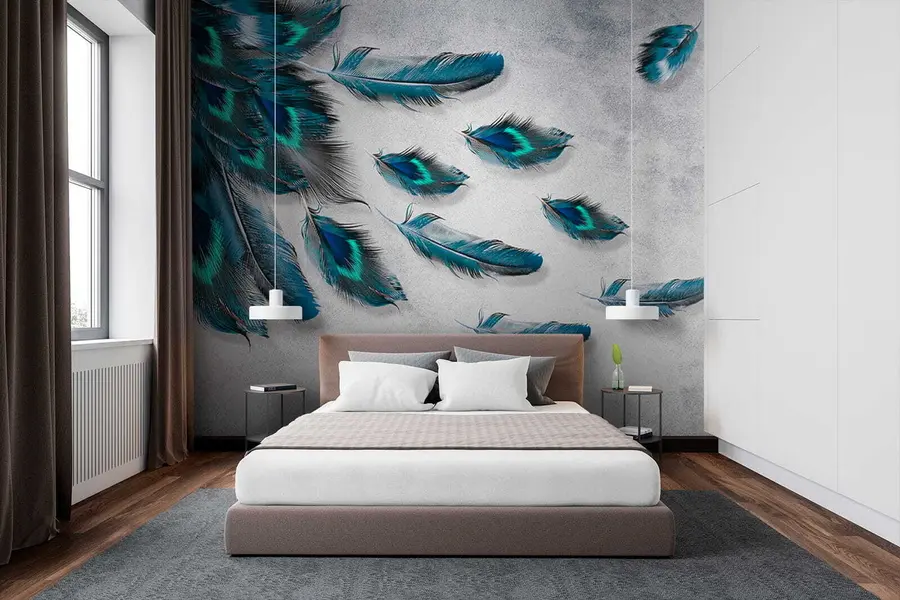 murales de pared Plumas de pavo real en el fondo de la pared de hormigón u29836