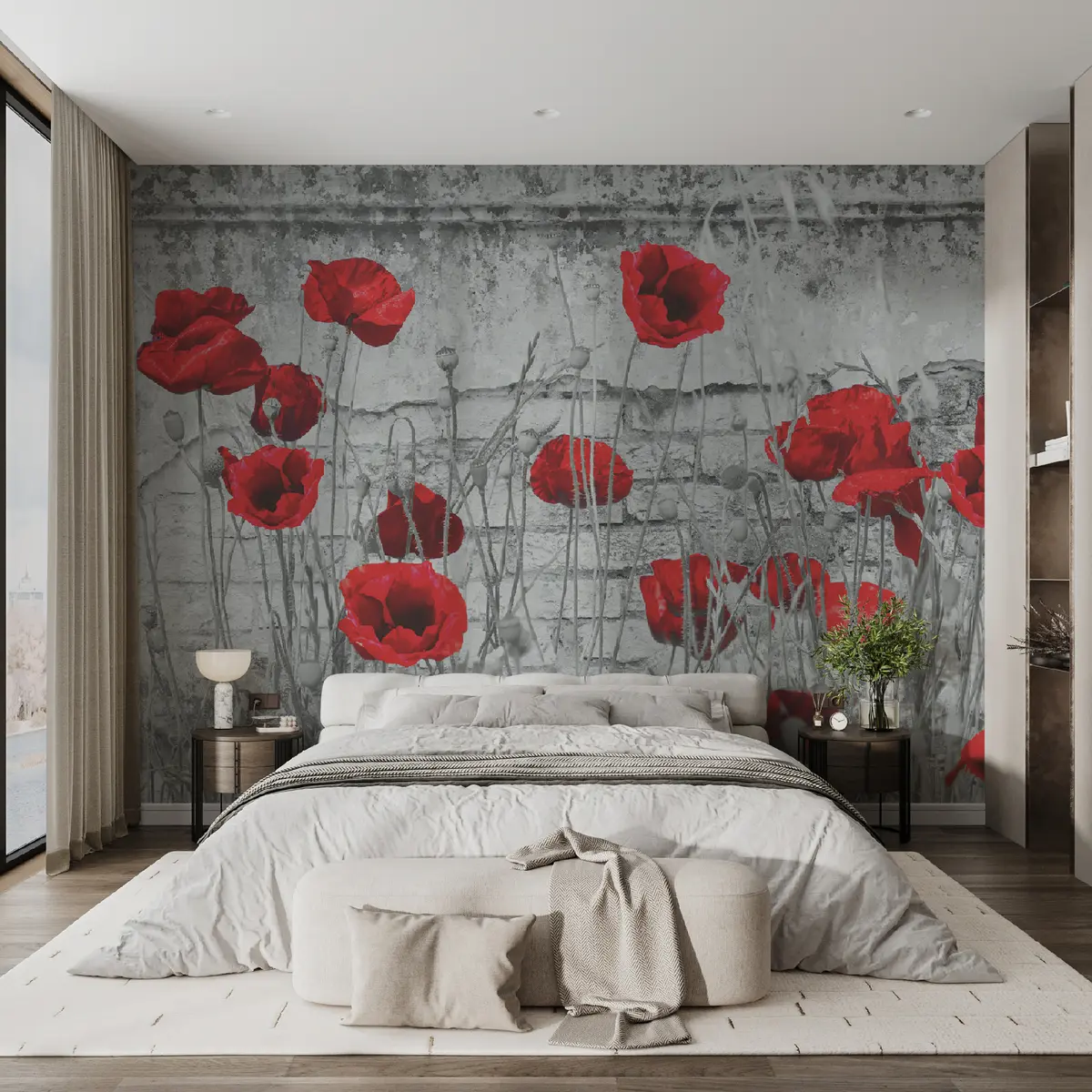 murales de pared Amapolas brillantes en el fondo de la pared. u40552