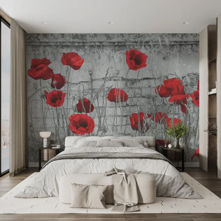 murales de pared Amapolas brillantes en el fondo de la pared. u40552