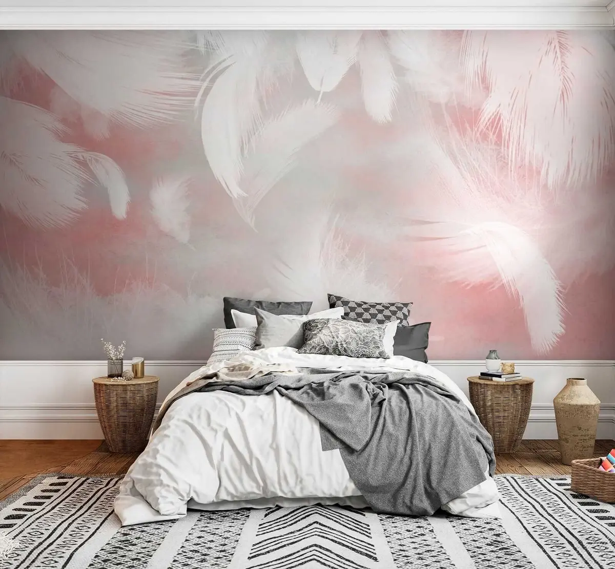 murales de pared Plumas blancas sobre fondo rosa u41755
