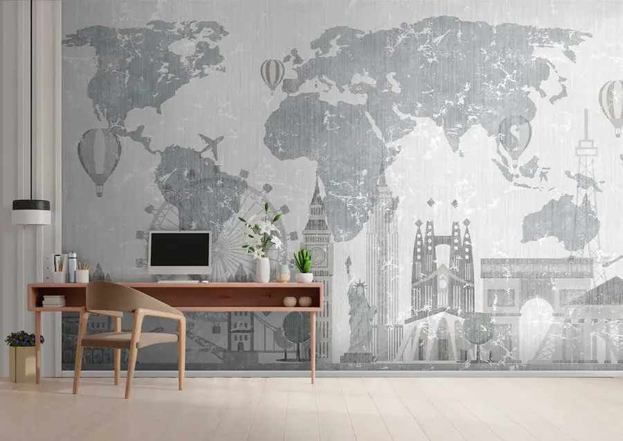 murales de pared Mapamundi en tonos grises u53138
