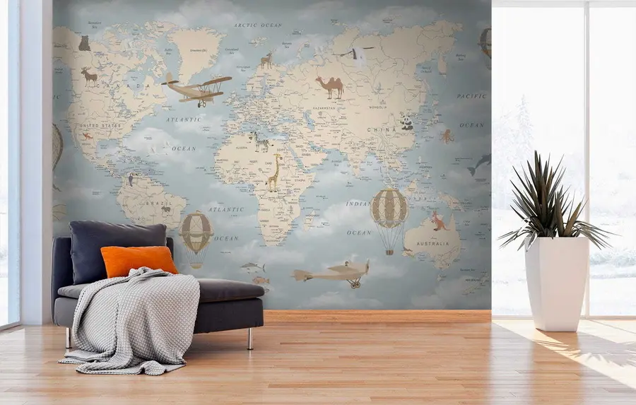 murales de pared Mapa infantil del mundo con aviones u60135