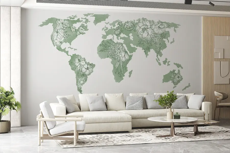 murales de pared Mapamundi floral, ornamental, peonías, lirio, color verde, dibujo lineal arte u99734v3