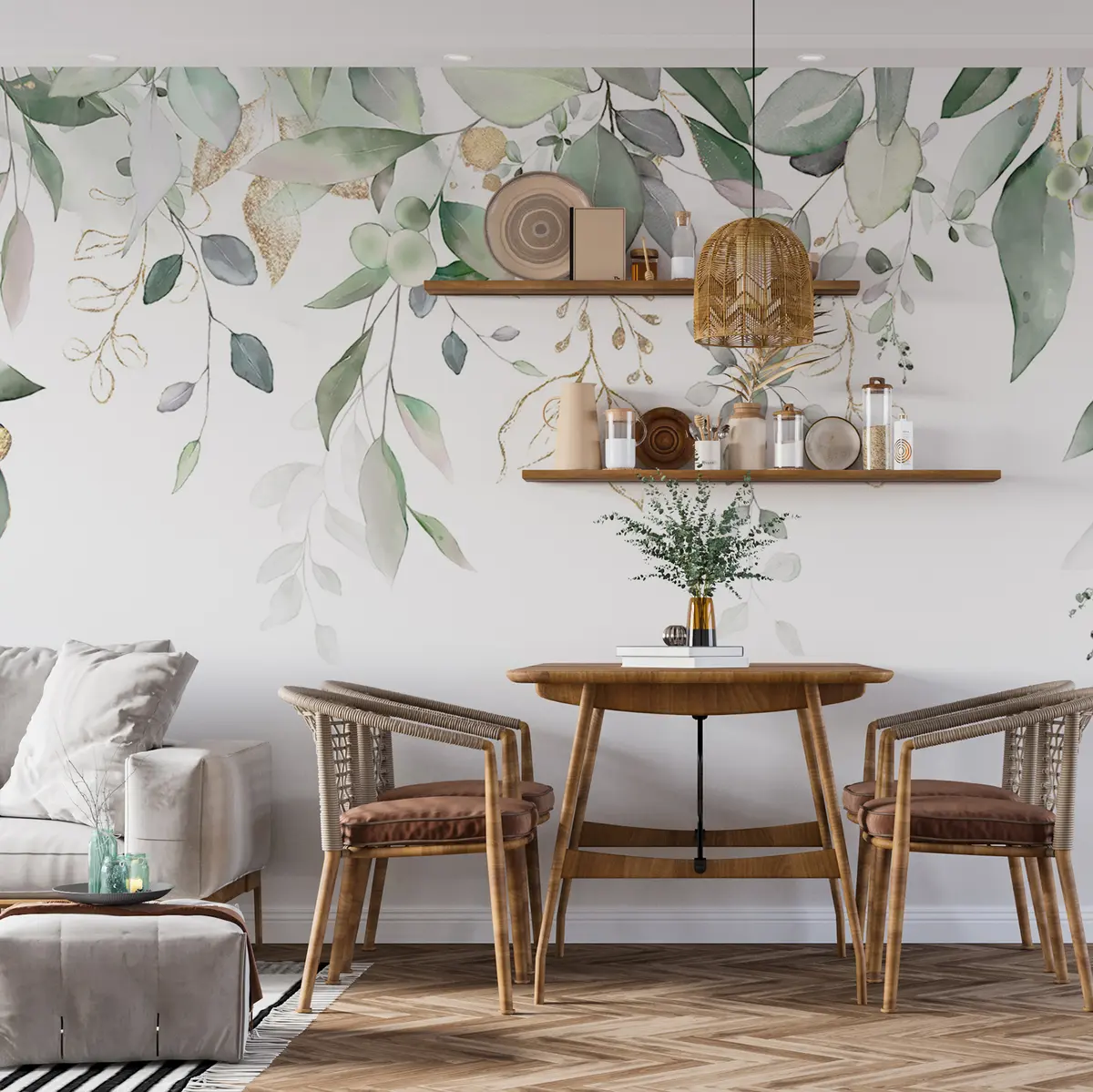 murales de pared Hoja de eucalipto colgante sobre fondo blanco u95506d2