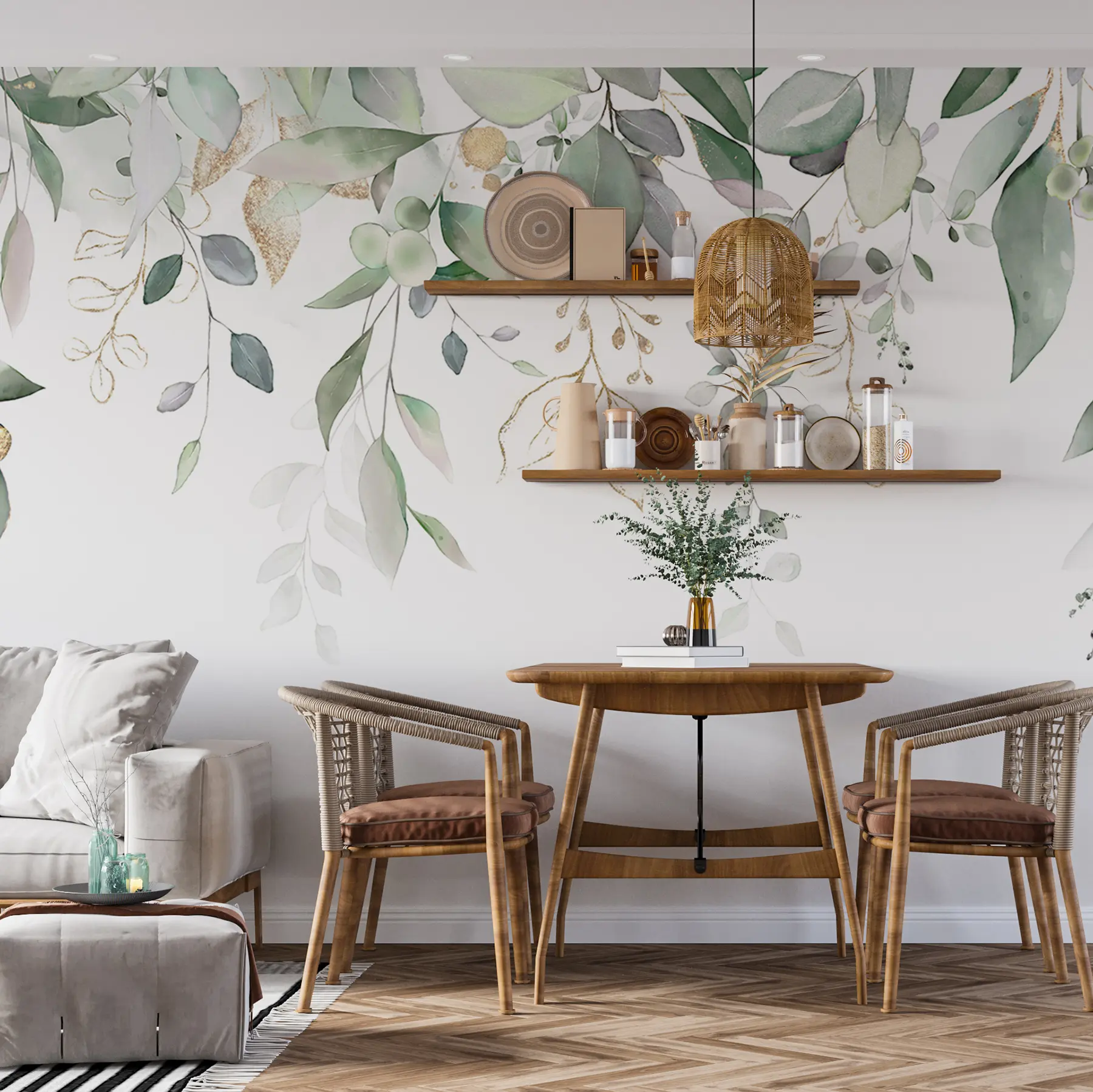 murales de pared Hoja de eucalipto colgante sobre fondo blanco u95506d2