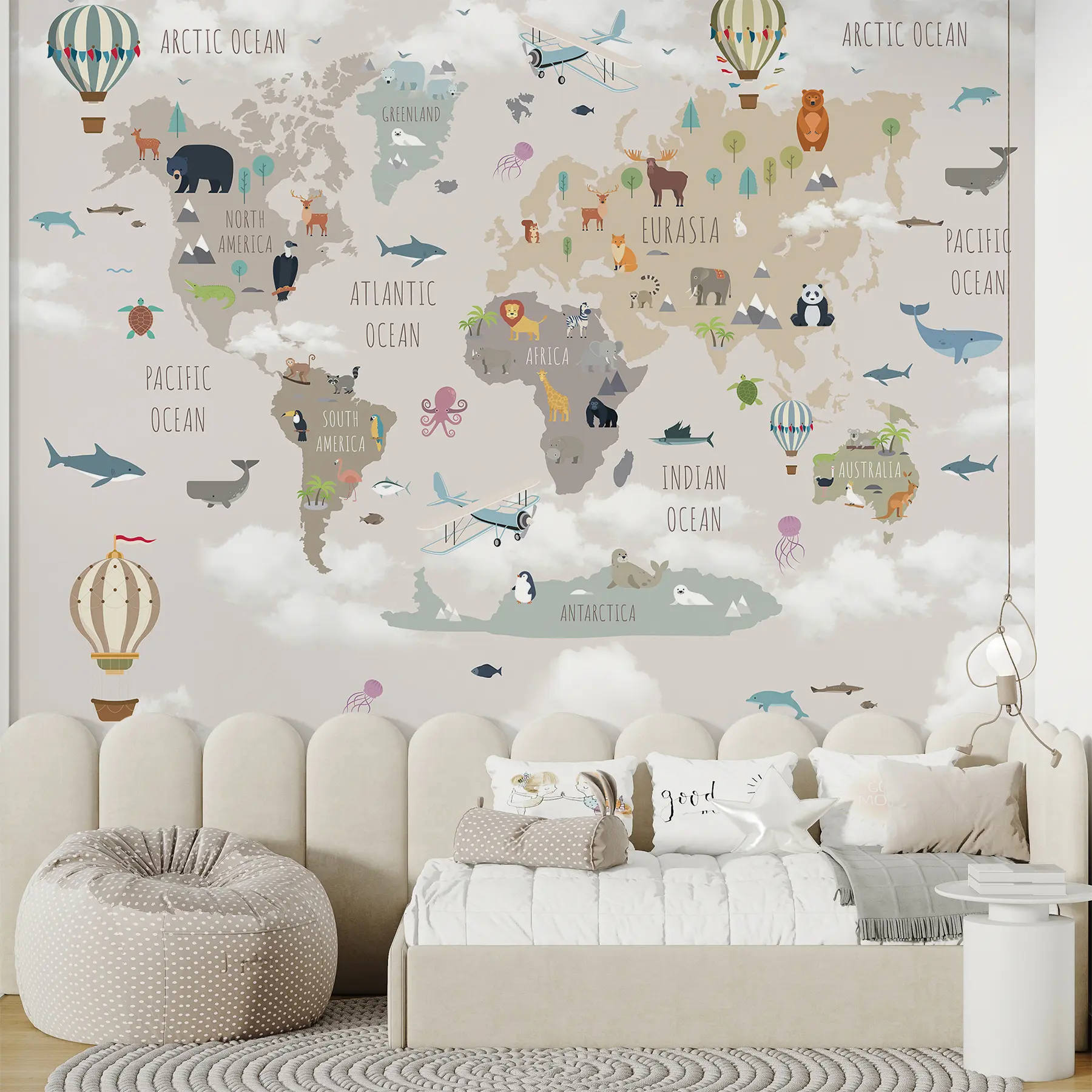 murales de pared Mapamundi con animales y globos u96461d1