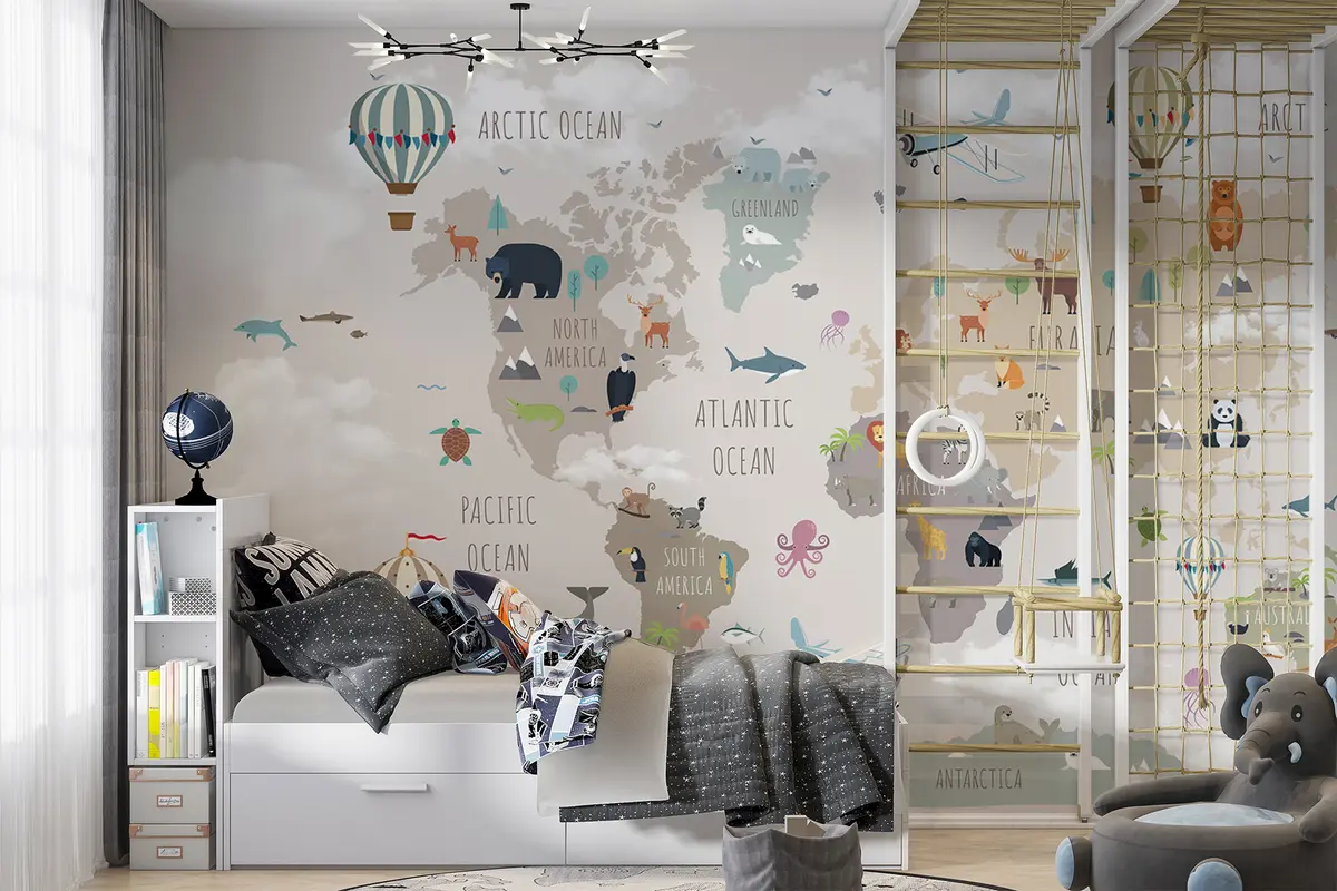 murales de pared Mapamundi con animales y globos u96461d2