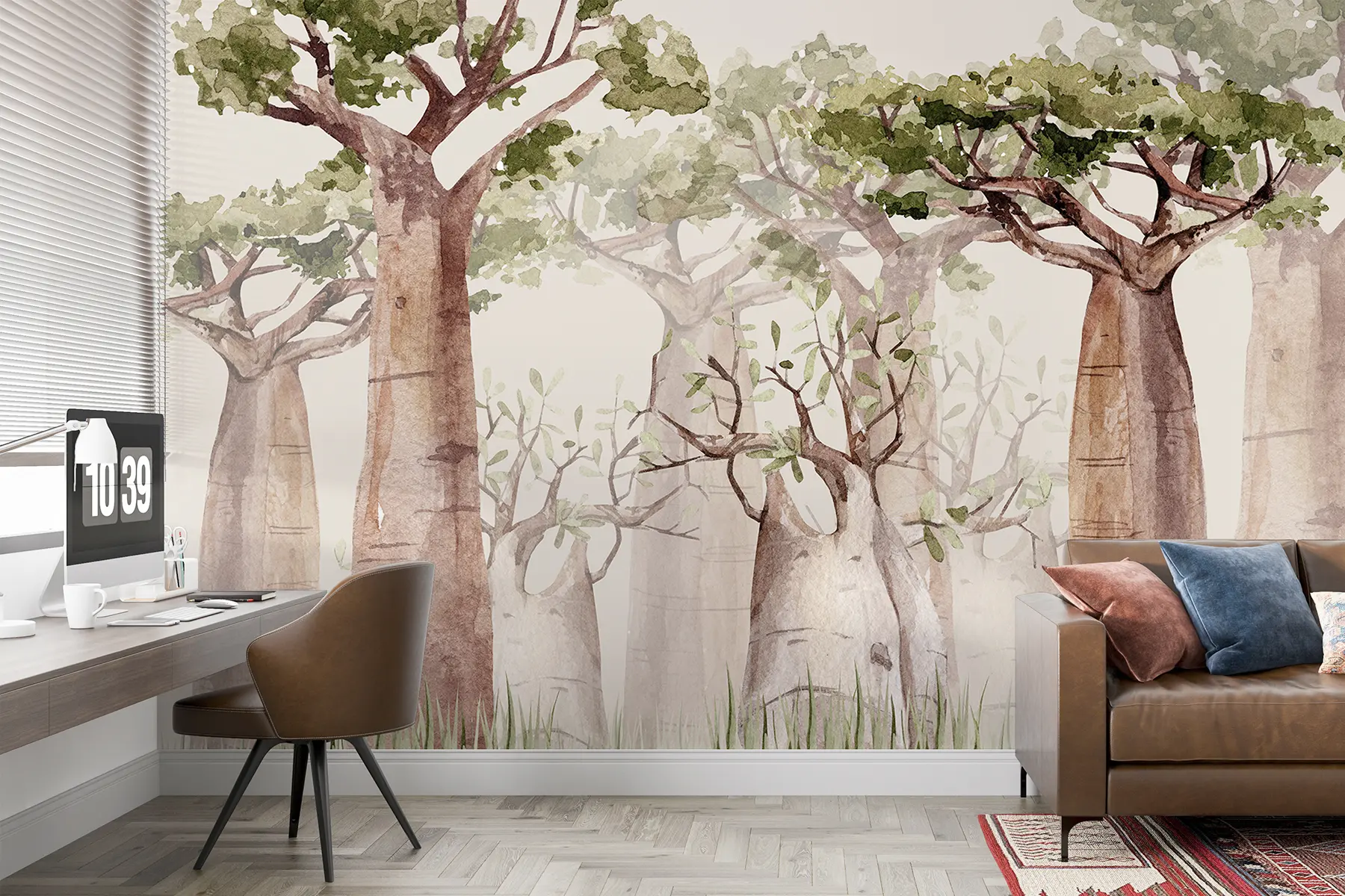 murales de pared Árbol baobab, tema safari, bosque, colores beige y verde w00082