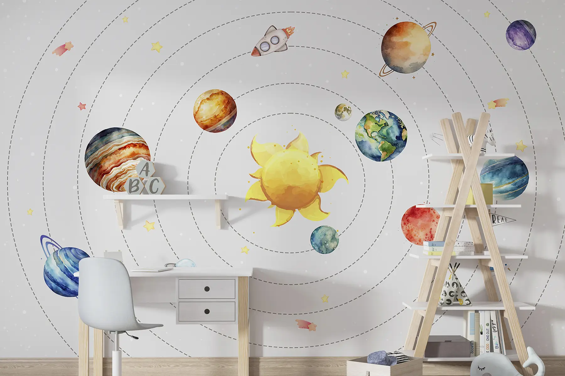 murales de pared Sistema solar, planetas, sol, cohete, ovni, satélite, estrellas, fondo blanco  w00214