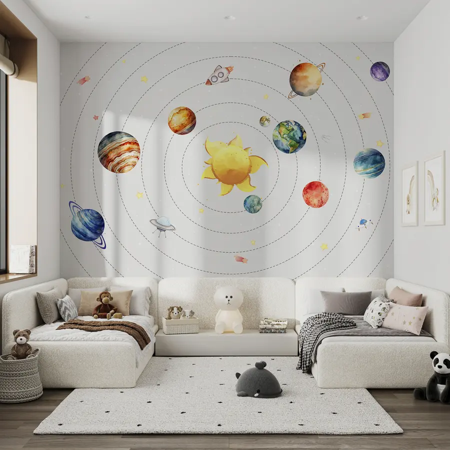 murales de pared Sistema solar, planetas, sol, cohete, ovni, satélite, estrellas, fondo blanco  w00214