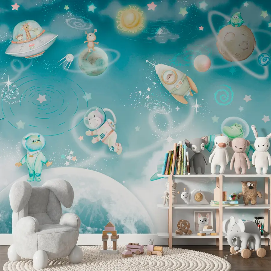 murales de pared Aventuras cósmicas y galácticas de los animales de los astronautas w00343