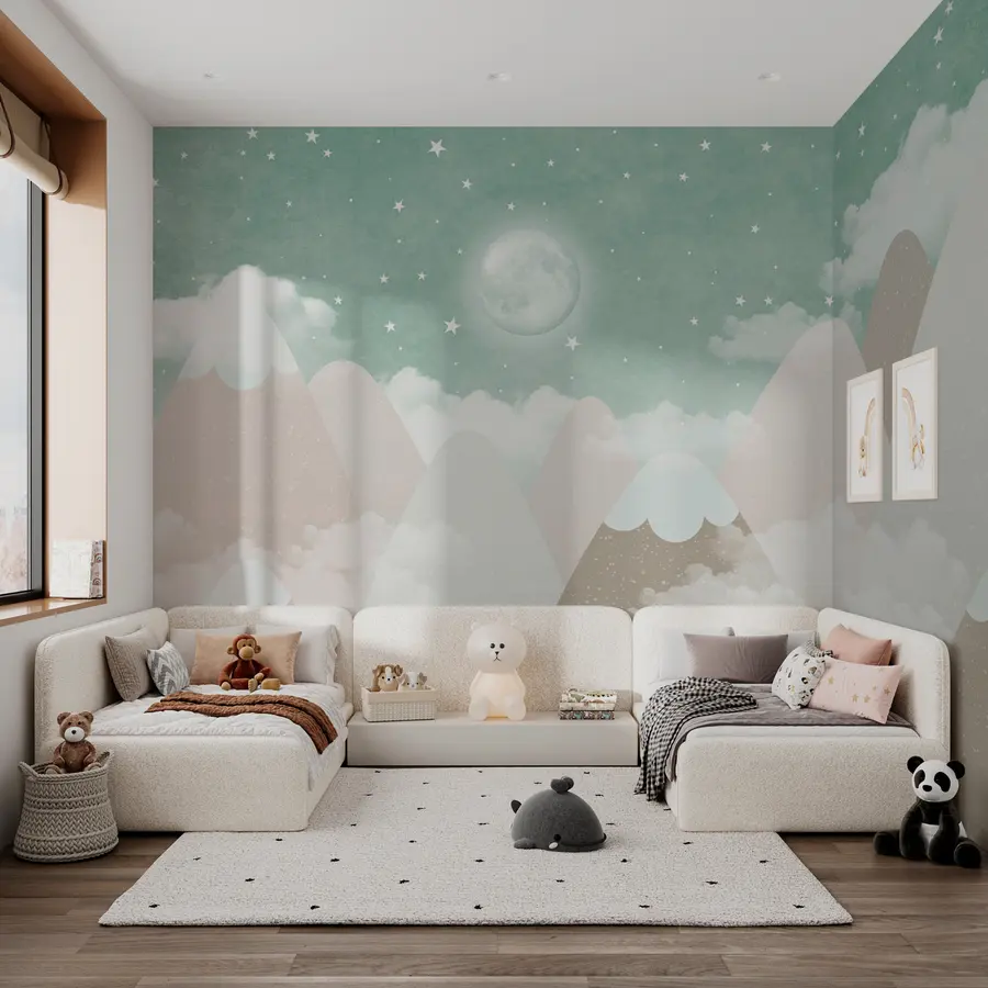 murales de pared Luna sobre montañas nevadas ilustración infantil en verde w00374v3