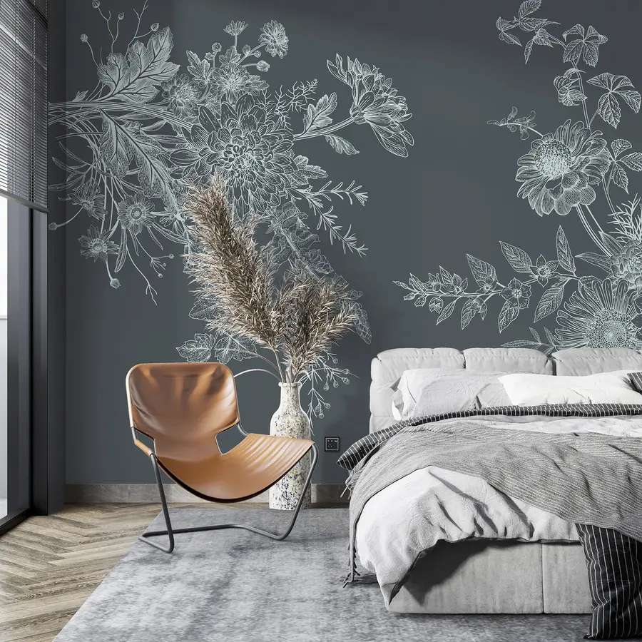 murales de pared Ornamento floral, minimalismo, arte lineal, estilo boho, rústico, peonía, margarita, fondo azul oscuro  w00381v1