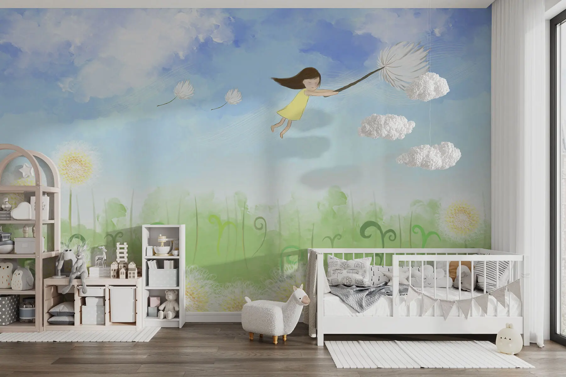 murales de pared Paisaje infantil con una niña y dientes de león w00229