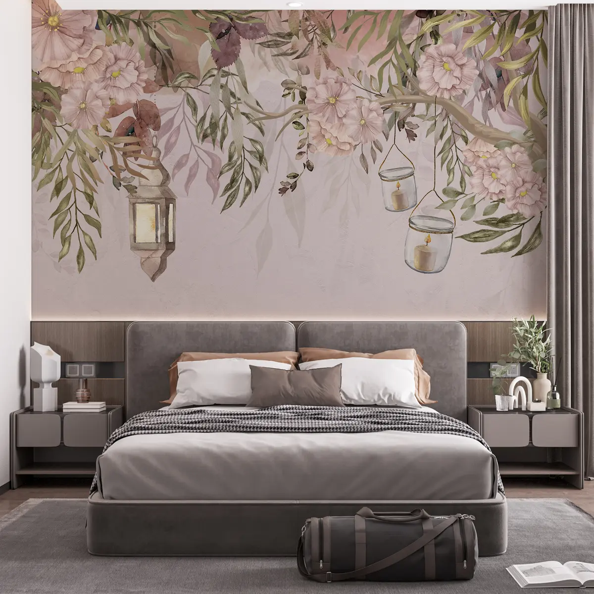 murales de pared Flores delicadas y ramas verdes colgando hacia abajo. w00384