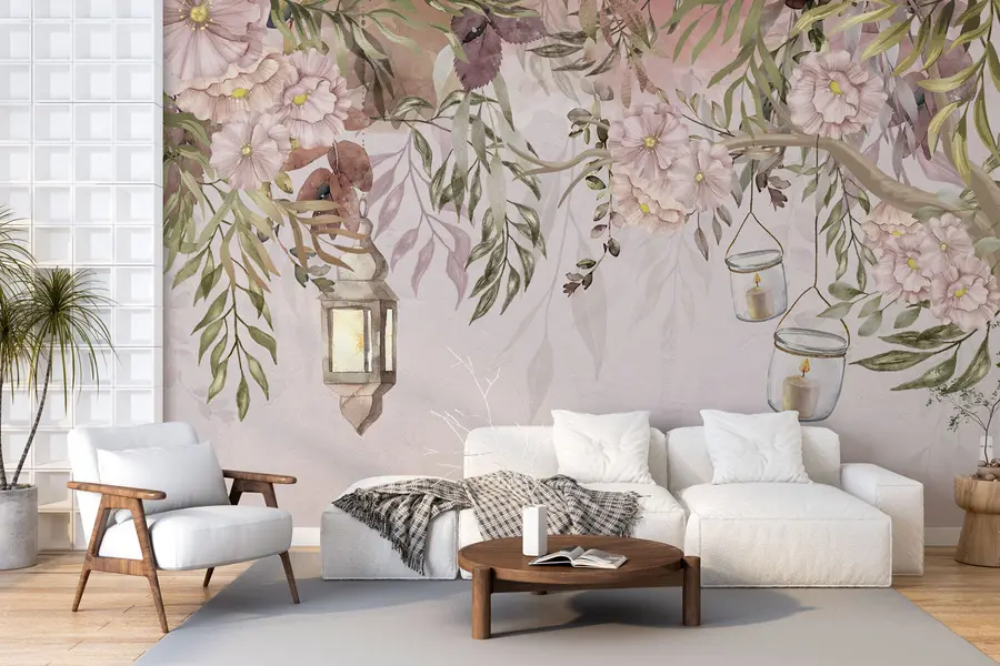 murales de pared Flores delicadas y ramas verdes colgando hacia abajo w00384