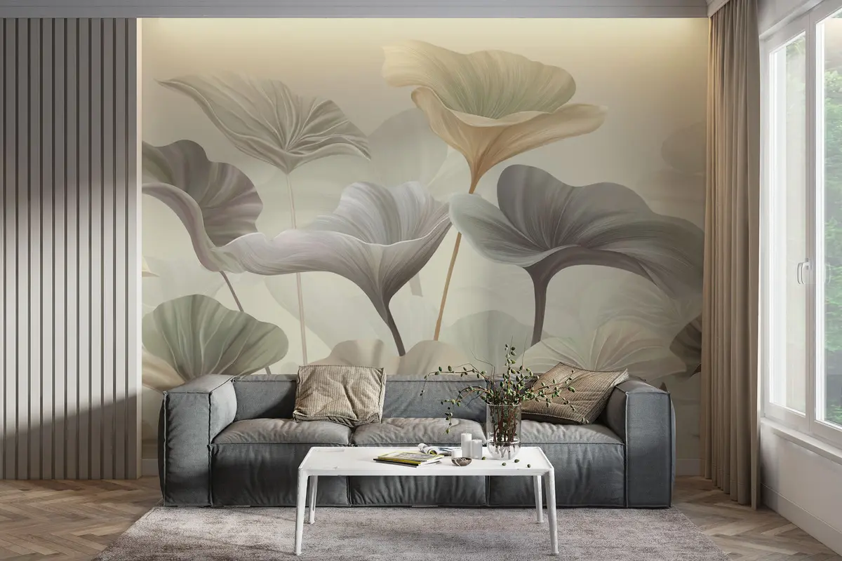 murales de pared Hermosas hojas grandes en colores delicados. w00385