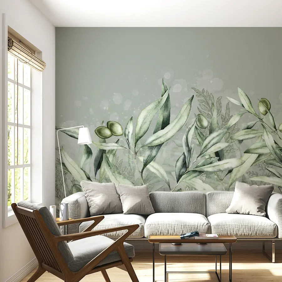 murales de pared Ilustración de aceitunas, diseño floral, tropical, acuarela, hojas grandes, colores verdes w00407