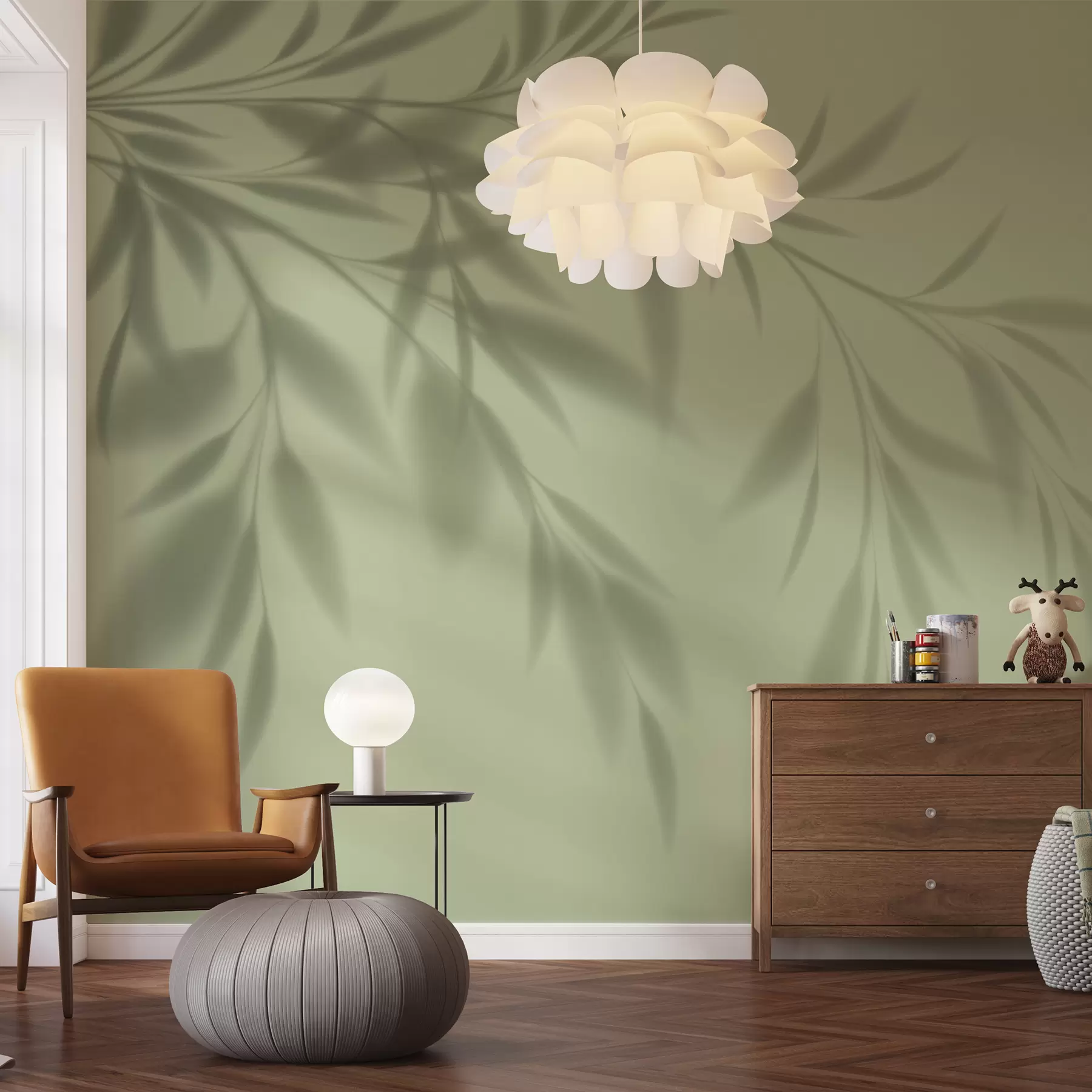 murales de pared hojas, sombra, color oliva w00404
