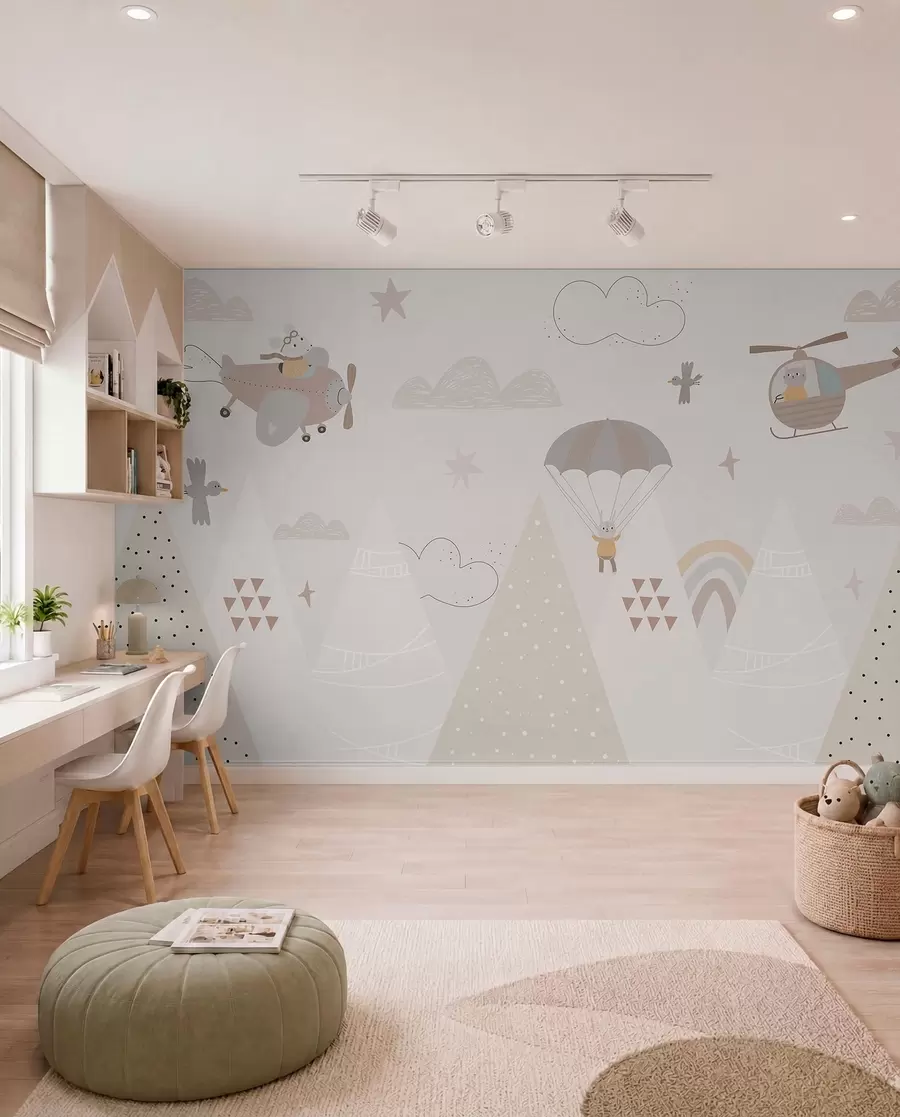 murales de pared Montañas beige con helicóptero, avión y animales w00414