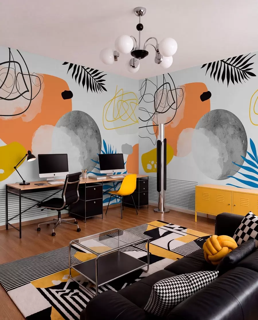 murales de pared Resumen moderno, minimalismo, boho, geometría, manchas de acuarela, luna llena, silueta de hoja de palma, topografía, complejidad, naranja, amarillo, gris w00508