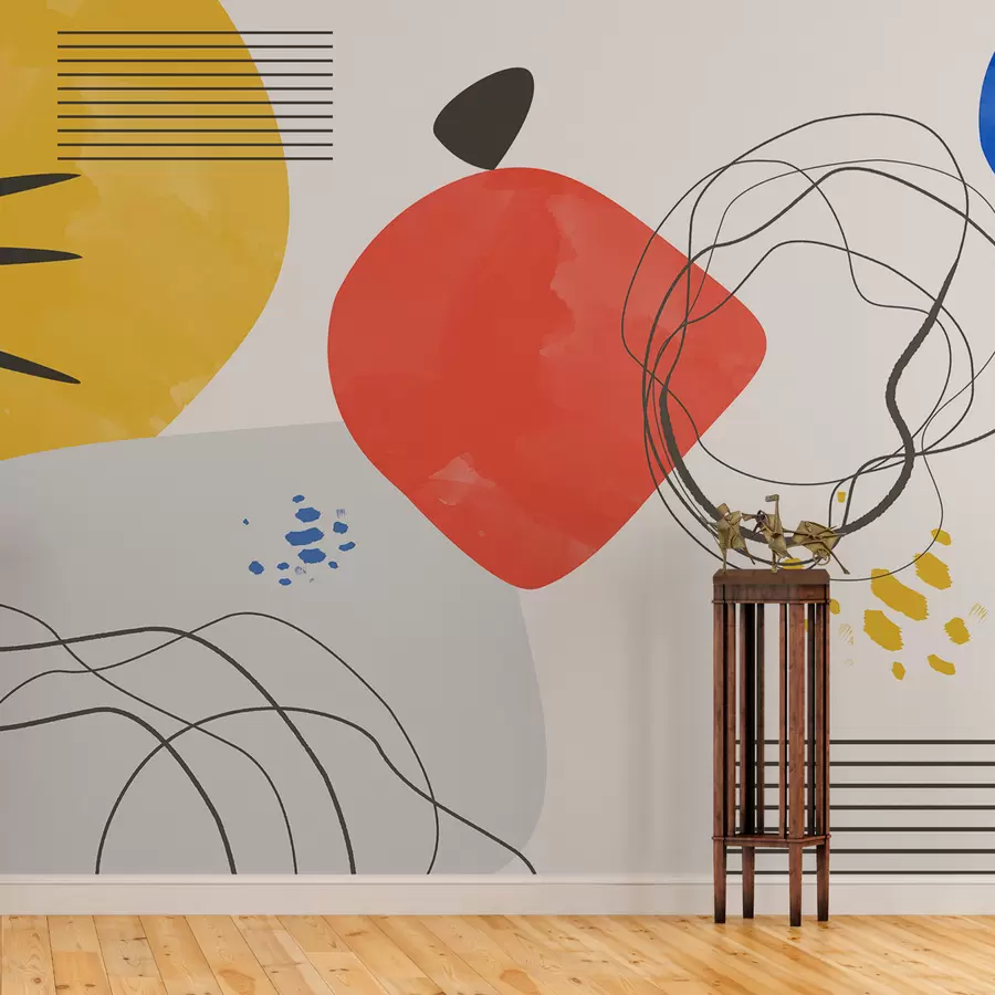 murales de pared Abstracción moderna, punto brillante, boho, geometría, topografía, curvas, líneas, rojo, amarillo, azul, negro w00514