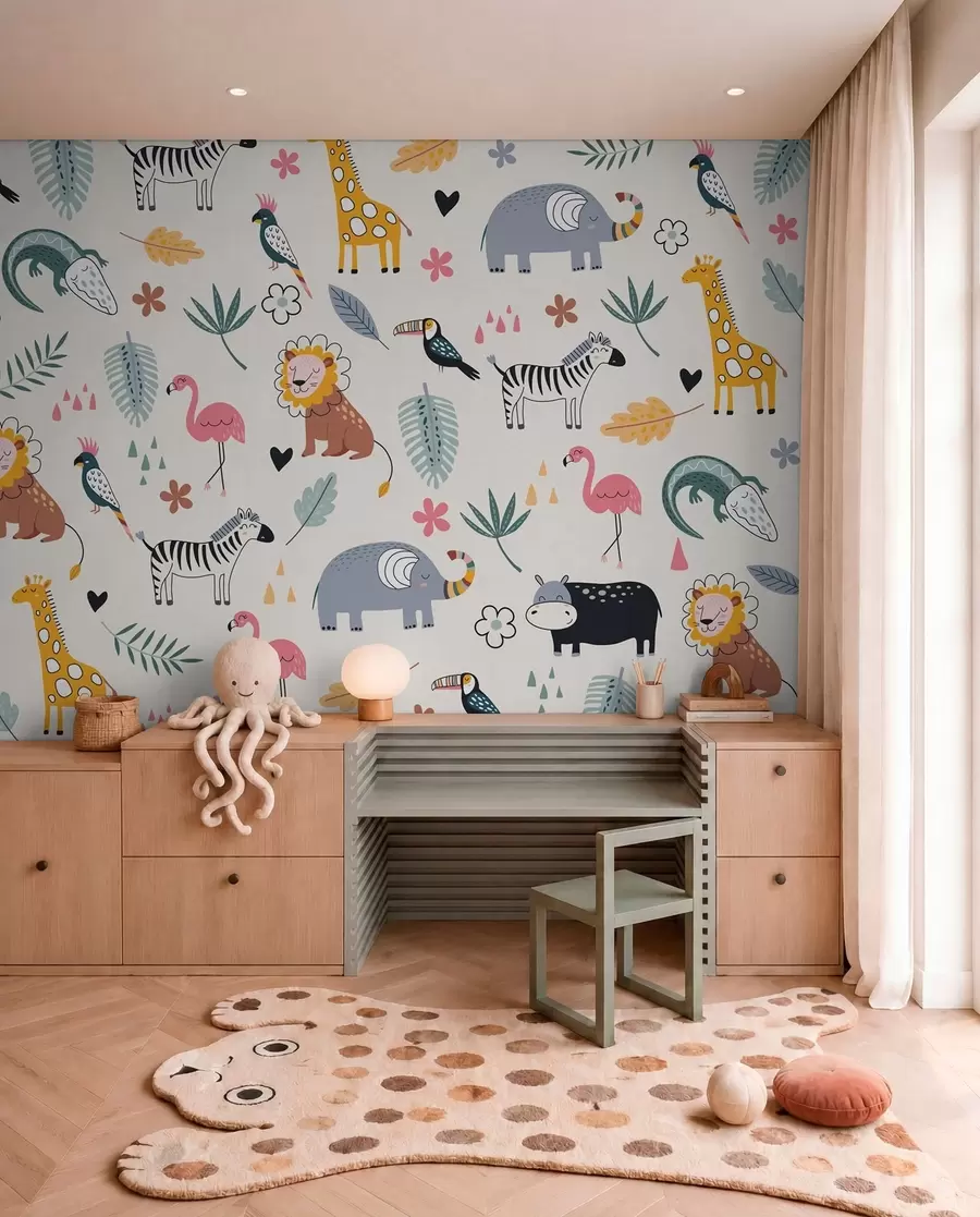 murales de pared animales, leones, jirafas, elefantes, hojas, cuarto del bebé w00555