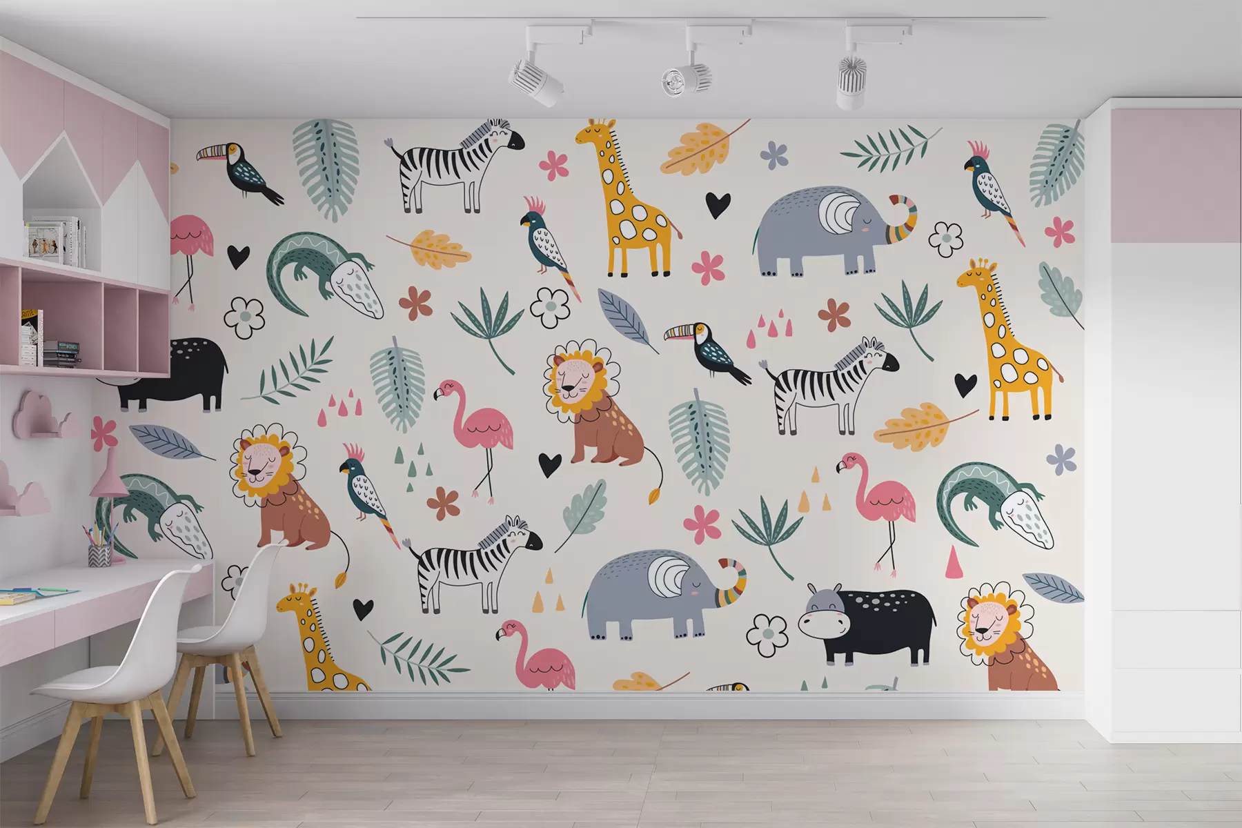 murales de pared animales, leones, jirafas, elefantes, hojas, cuarto del bebé w00555