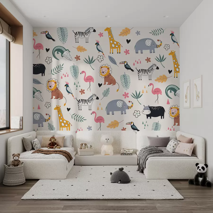 murales de pared animales, leones, jirafas, elefantes, hojas, cuarto del bebé w00555
