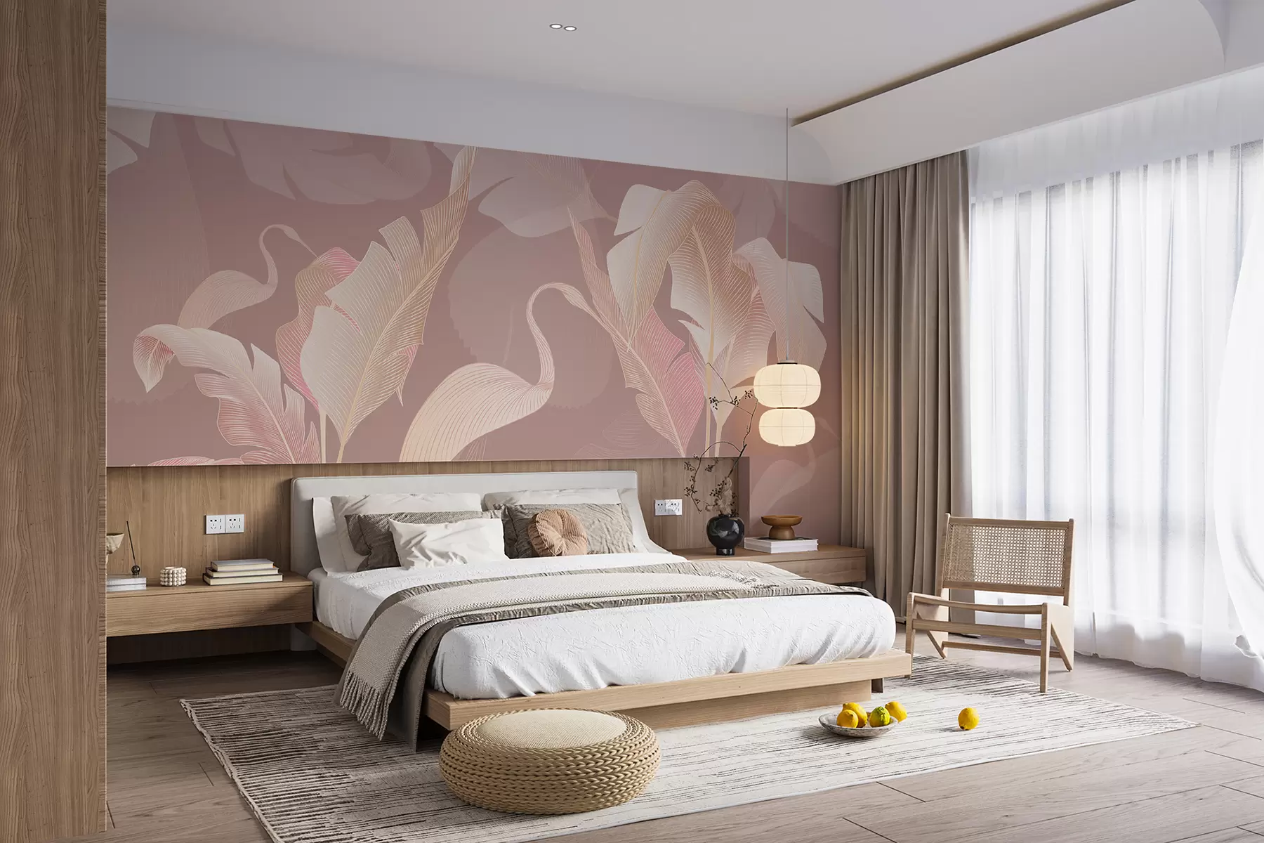 murales de pared Garza y hojas sobre fondo rosa suave w00538v1