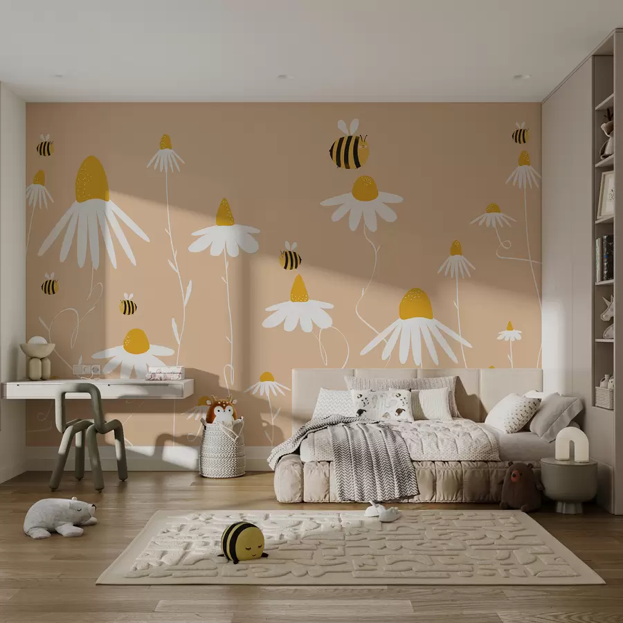 murales de pared Margaritas y abejas, campo, flores, floración, insectos, rosa, amarillo y blanco w00653