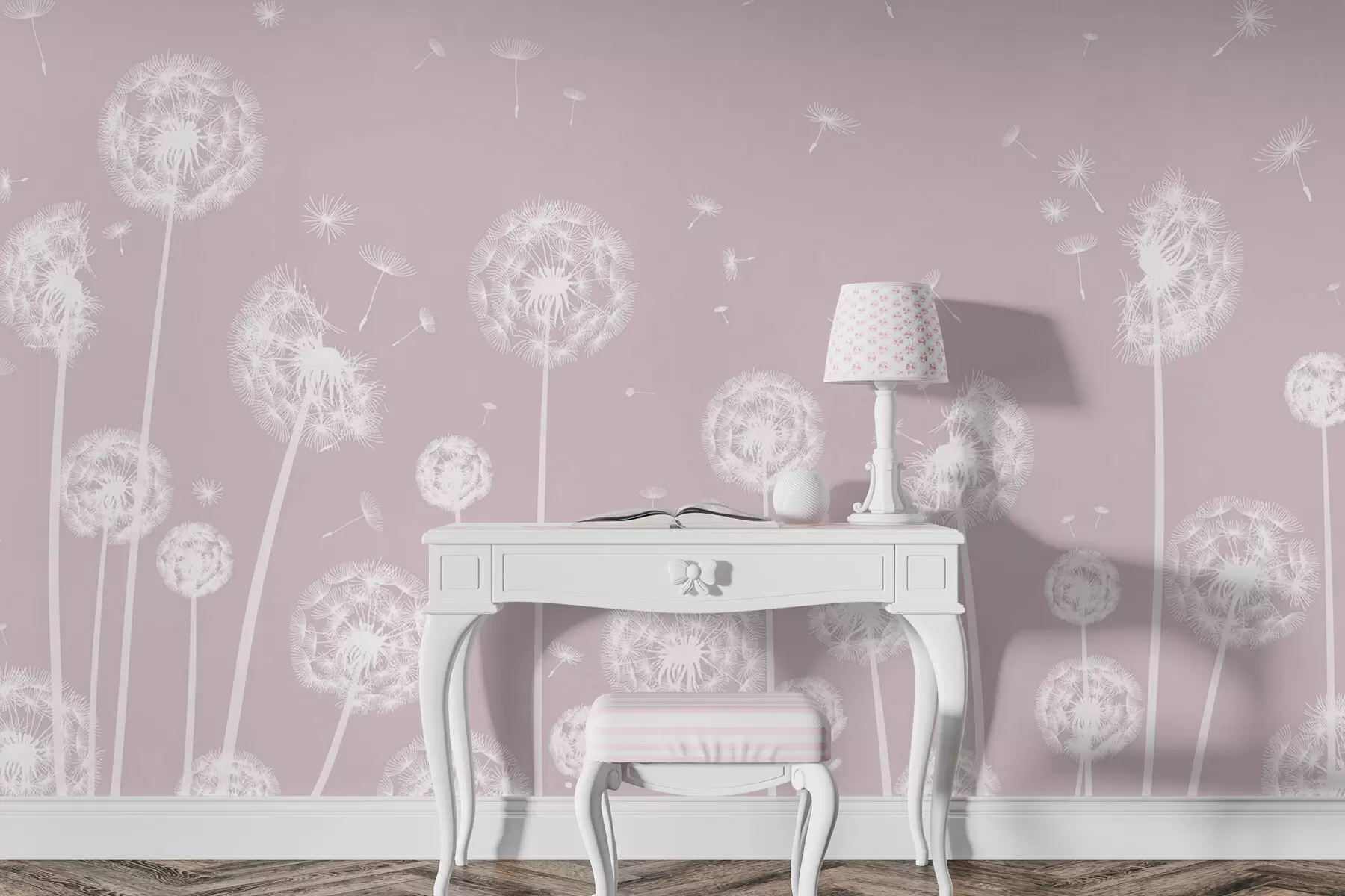 murales de pared Un campo de dientes de león con un fondo moteado claro de color rosa w00657v1