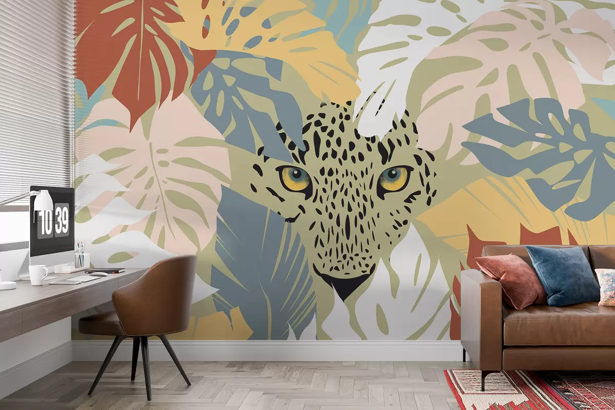 murales de pared Leopardo en hojas de palmeras tropicales, monstera, animal, salvaje, amarillo, azul, rosa, color blanco w00677