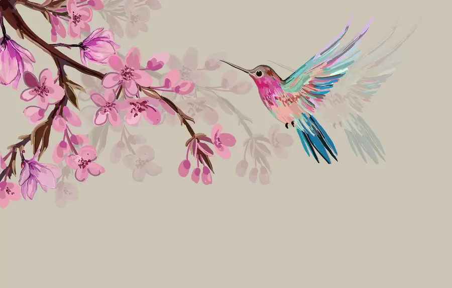 murales de pared rama con flores rosas y un pájaro brillante sobre un fondo rosa w00693v1