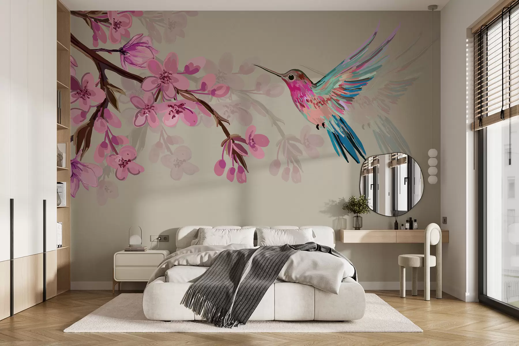 murales de pared rama con flores rosas y un pájaro brillante sobre un fondo rosa w00693v1