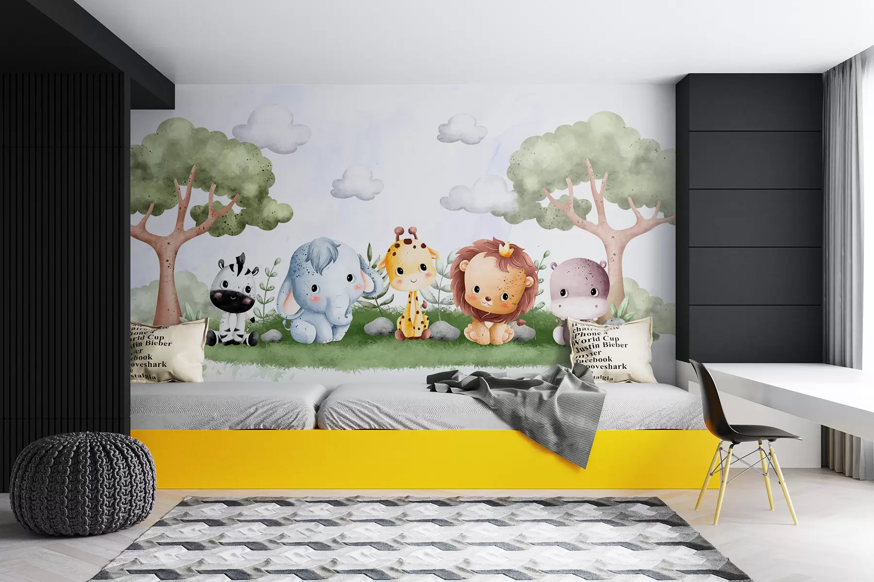 murales de pared Un grupo de lindos animales de dibujos animados sentados en un campo de hierba con árboles y nubes en el fondo w00705