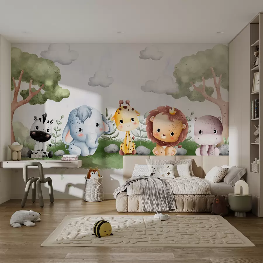 murales de pared Un grupo de lindos animales de dibujos animados sentados en un campo de hierba con árboles y nubes en el fondo w00705