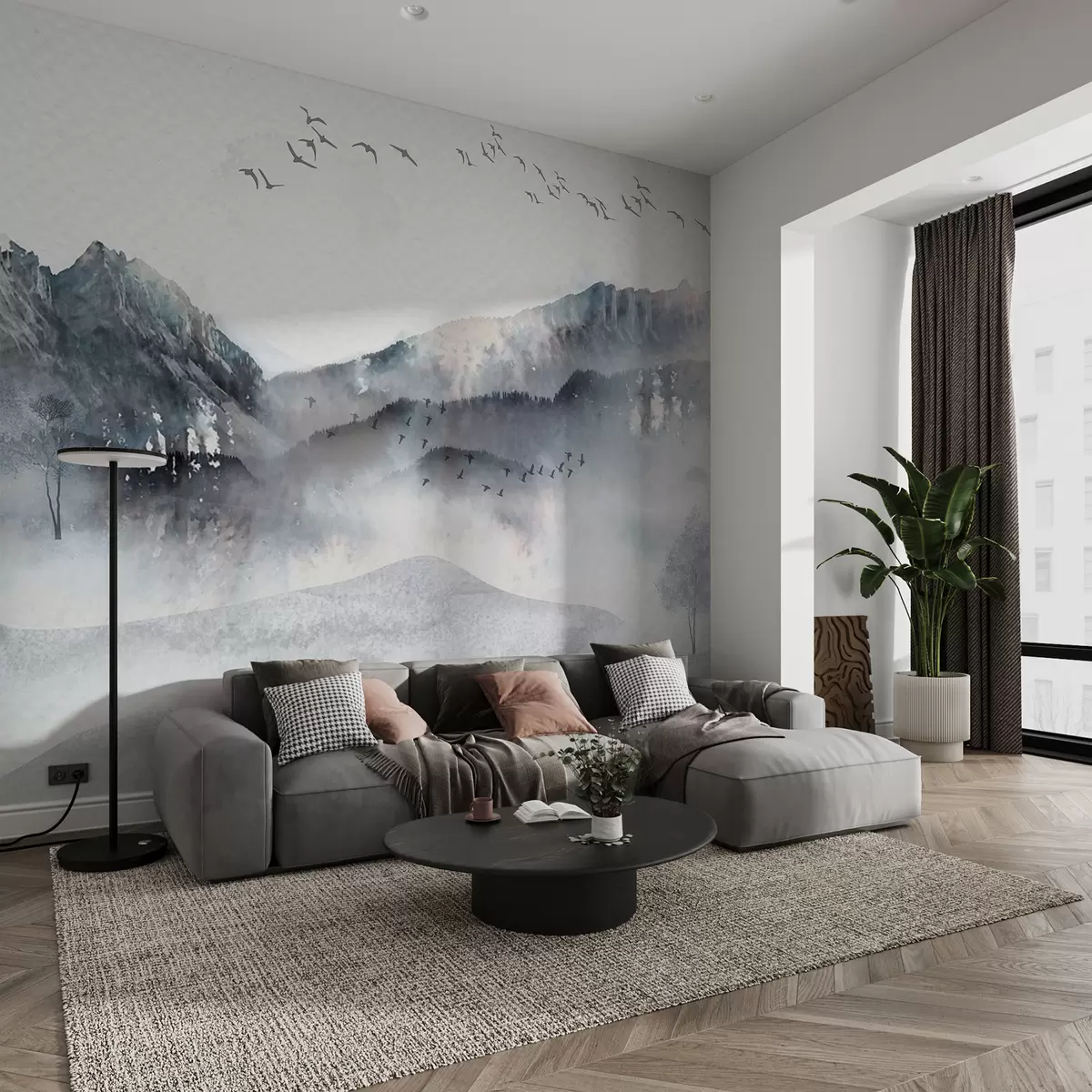 murales de pared Paisaje con montañas al fondo, con algunos árboles visibles en primer plano sereno  w00707