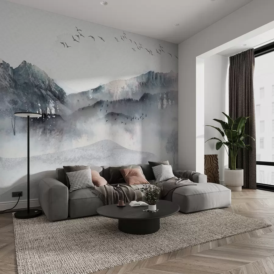 murales de pared Paisaje con montañas al fondo, con algunos árboles visibles en primer plano sereno  w00707