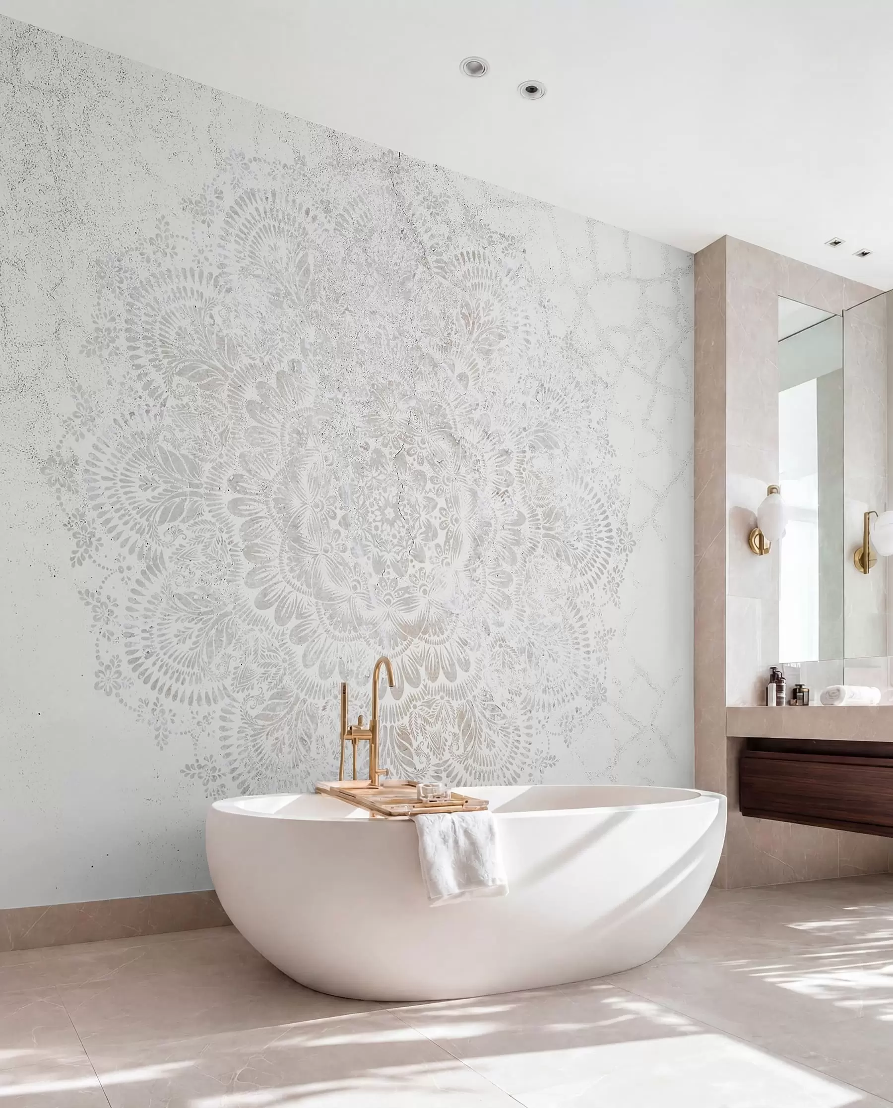 murales de pared Mandala, patrón de encaje blanco con motivos florales y circulares, creando un diseño delicado e intrincado w00737