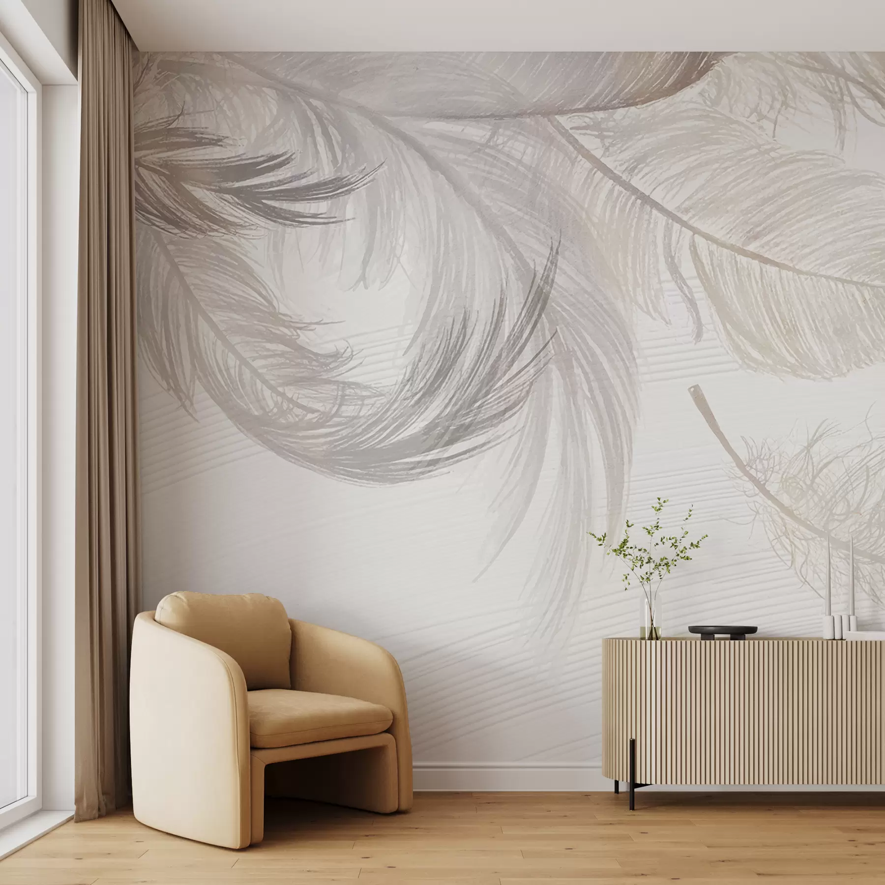 murales de pared Plumas blancas suaves y delicadas flotando sobre un fondo claro w00739
